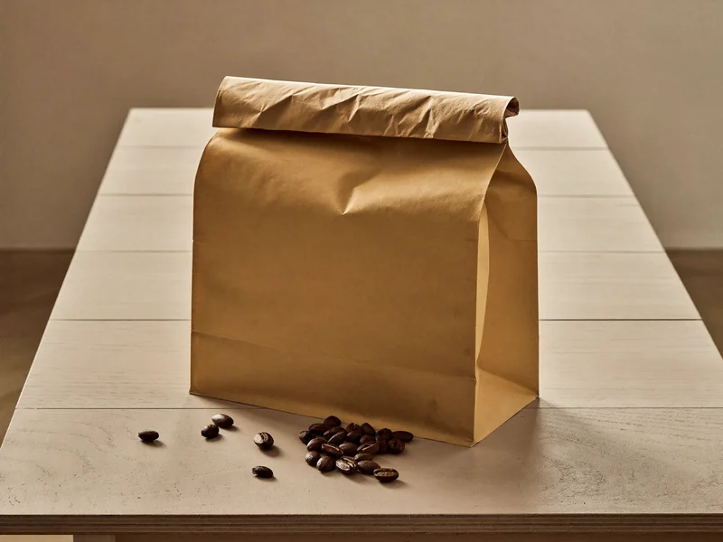 Unbeschriftete Kraftpapiertüte mit gerösteten Kaffeebohnen auf hellem Holztisch