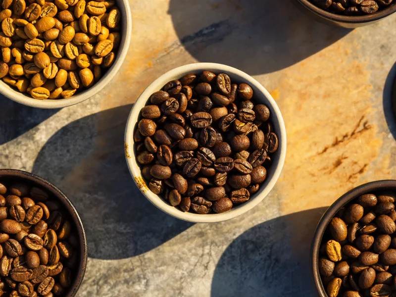 Kaffeebohnen verschiedener Röstgrade in kleinen Keramikschalen auf Steinoberfläche, von oben