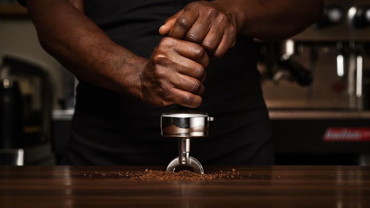 Barista-Hände pressen frisch gemahlenen Kaffee im Siebträger fest